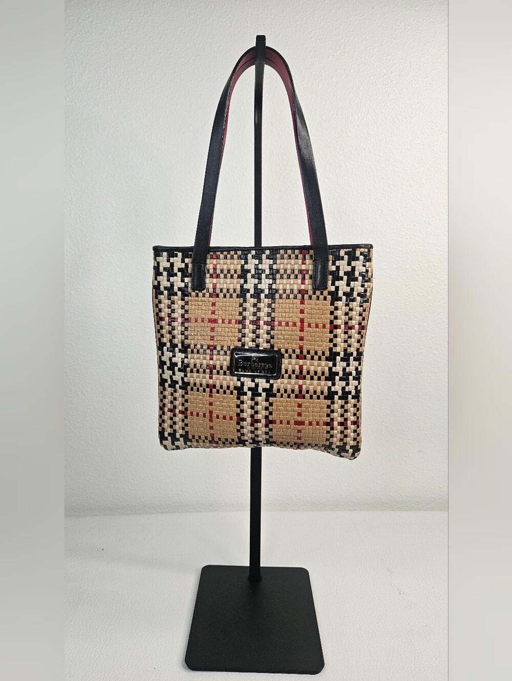 Authentic Burberry Blue Label Nova Check Woven Leather Small Tote Bag